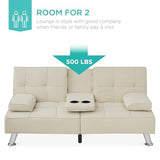 Best Choice Products Linen Modern Folding Futon, Reclining Sofa Bed for Apartment, Dorm w/Removable Armrests, 2 Cupholders - Ivory Best Choice Products