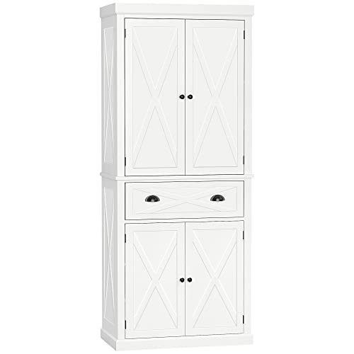 HOMCOM 72" Kitchen Pantry Storage Cabinet, Traditional Freestanding Cupboard with 4 Doors and 3 Adjustable Shelves, Large Central Drawer, X-Frame, White