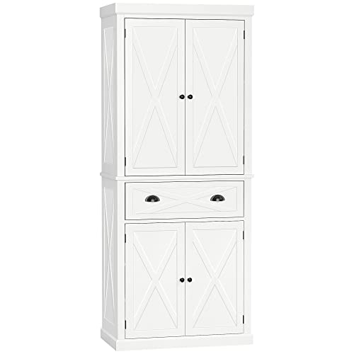 HOMCOM 72" White Traditional Kitchen Pantry Cabinet with Adjustable Shelves and Large Drawer - WoodArtSupply