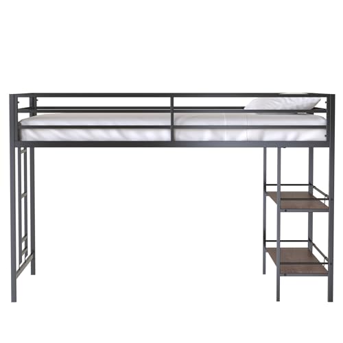 LOPOO Twin Loft Bunk Bed with Cinnamon Wood Shelf and Black Metal Frame - Stylish Space-Saving Solution for Kids LOPOO