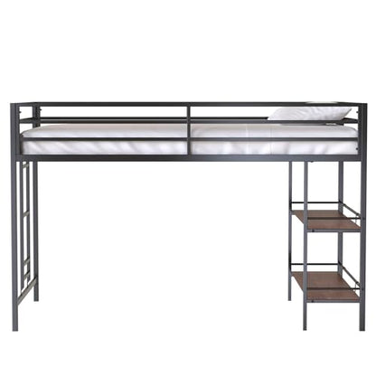 LOPOO Twin Loft Bunk Bed with Cinnamon Wood Shelf and Black Metal Frame - Stylish Space-Saving Solution for Kids - WoodArtSupply