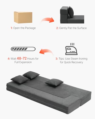 VEVOR Folding Sofa Bed, 3-in-1 Foldable Couch Bed with 3 Pillows and Washable Cover, 25D High Density Memory Foam Convertible Sleeper Chair Bed, Futon Couch for Living Room, Bedroom, Dark Grey(Twin) VEVOR