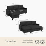 JAMFLY Pull Out Sleeper Sofa Bed with Storage Chaise, L-Shaped Corduroy Sectional Couch, 3-Seater Convertible Sofa with Hidden Storage for Small Living Room, Apartment, Office, Black JAMFLY