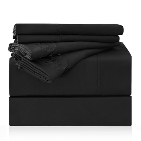 LONAVA Queen Size Sheet Set - 6 Piece Hotel Luxury Wrinkle-Free Microfiber Sheet, Oeko-TEX Certified, Breathable & Elastic, 16" Deep Pockets, Very Black LONAVA