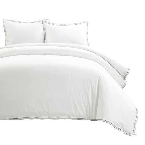 Lush Decor Hampton Double Flange Embroidered Contrast Edge Cotton Duvet Cover Set, 3 Piece Set, Full/Queen, White & Black - Hotel Bedding Set - Black Trim - White Duvet Cover - Minimalist Decor Lush Decor