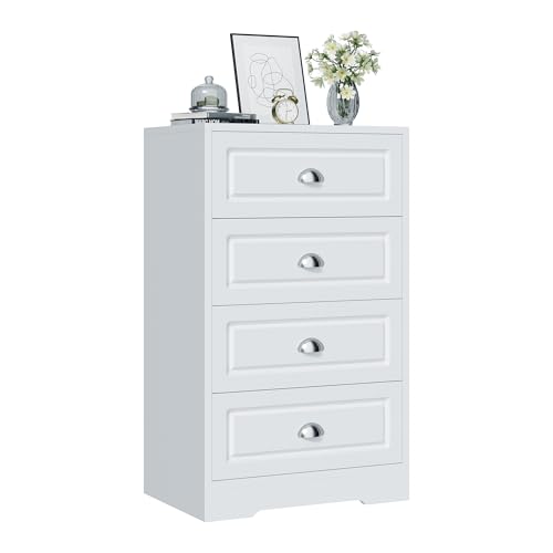 Shintenchi White Tall Dresser for Bedroom, 4 Drawer Narrow Nightstand, Chest of Drawers Vertical Wooden Dresser with Metal Handle, Living Room Storage Organizer, White and Silver - WoodArtSupply