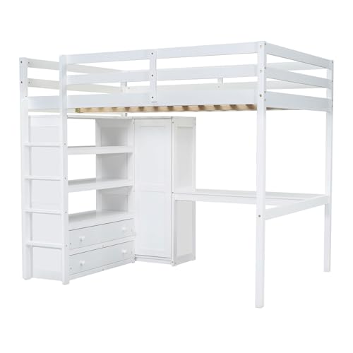 Loft Bed Full Size with Built-in Wardrobe, Desk, Storage Shelves and Drawers, Solid Wood Loft Bed Frame for Kids Teens Adults (White) BEDGJH