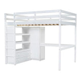 Loft Bed Full Size with Built-in Wardrobe, Desk, Storage Shelves and Drawers, Solid Wood Loft Bed Frame for Kids Teens Adults (White) BEDGJH