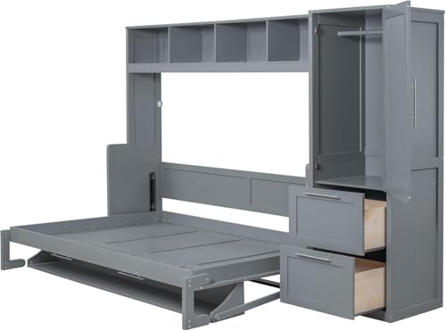 Virubi Full Horizontal Murphy Bed with Storage Wardrobe Closet,2 Drawer,4 Storage Shelves,Wood Folding Murphy Wall Bed Cabinet for Adult (Grey) Virubi