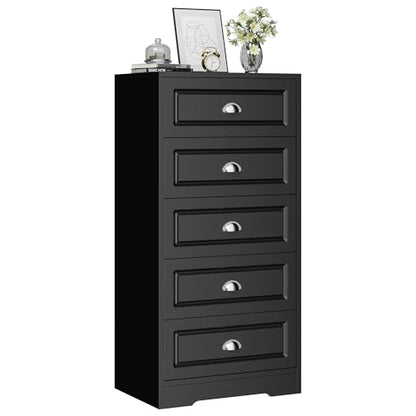 Shintenchi Black Tall Dresser for Bedroom, 5 Drawer Narrow Nightstand, Chest of Drawers Vertical Wooden Dresser with Metal Handle, Living Room Storage Organizer, Black and Silver