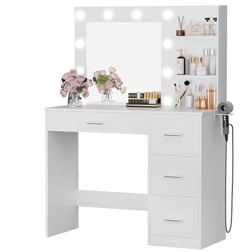 Furmax Vanity Desk with LED Lighted Mirror&Power Outlet, Makeup Vanity Table with 4 Drawers, 3 Open Storage Shelves, and 3 Color Modes, for Bedroom (Pure White) Furmax