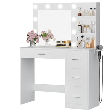 Furmax Vanity Desk with LED Lighted Mirror&Power Outlet, Makeup Vanity Table with 4 Drawers, 3 Open Storage Shelves, and 3 Color Modes, for Bedroom (Pure White) Furmax
