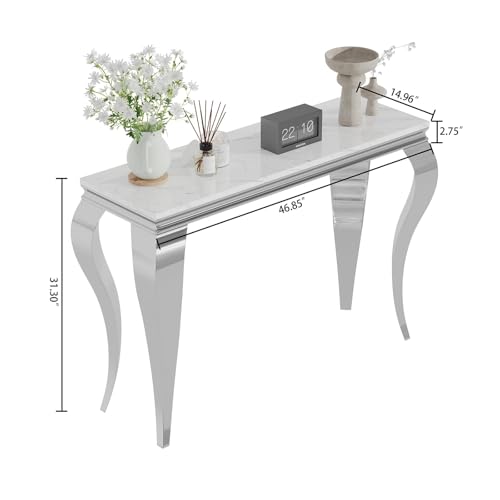 Modern Rectangular Silver Faux Marble Console Table, 0.71" Thick Faux Marble Top, 4 Stainless Steel Legs with Silver Mirrored Finish for Living Room (Silver6) ShopBOPP