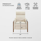 Lexicon Push Back Recliner Chair, Faux Leather Upholstered Reclining Chair with Footrest, Exposed Dark Brown Finish Wood Frame, Small Recliner for Small Space, Living Room, Bedroom, Light Beige