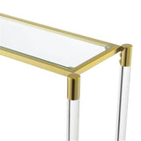 Pemberly Row Two-Tier Acrylic Glass Console Table, Clear Tempered Shelves, Gold Chrome Frame, Sturdy Acrylic Legs, Contemporary Style, 44.25 x 11.25 x 30 in, Elegant Living Room or Entryway Decor Pemberly Row