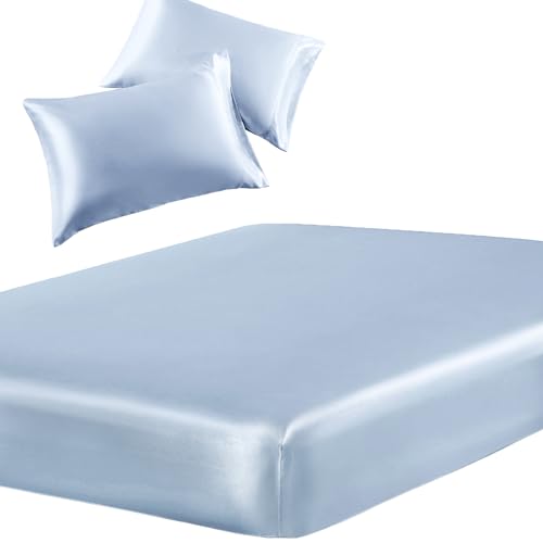 SiinvdaBZX 3-Piece Set Satin Full Fitted Sheet & 2 Pillowcase, Baby Blue Silky Soft Fitted Bottom Sheet, Wrinkle Free, Fade Resistant, Deep Pocket Bed Sheet (Deep Up to 15") SiinvdaBZX