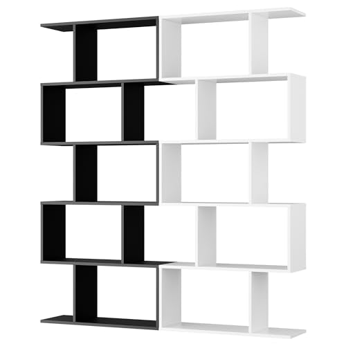 Cozy Castle Set of 2 Geometric Bookcase, S-Shaped Modern Bookshelf, Room Divider Bookshelf, 62" Tall Unique Abstract Bookcase with 5-Tier Display Shelf for Living Room Office, White & Black Cozy Castle