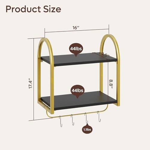 Bestier Black Floating Shelves for Wall, 2 Tier Black Shelves for Room Wall Decor with Towel Bar and Hooks, Gold Floating Shelves for Kitchen, Living Room, Bedroom, Bathroom, Classic Black - WoodArtSupply