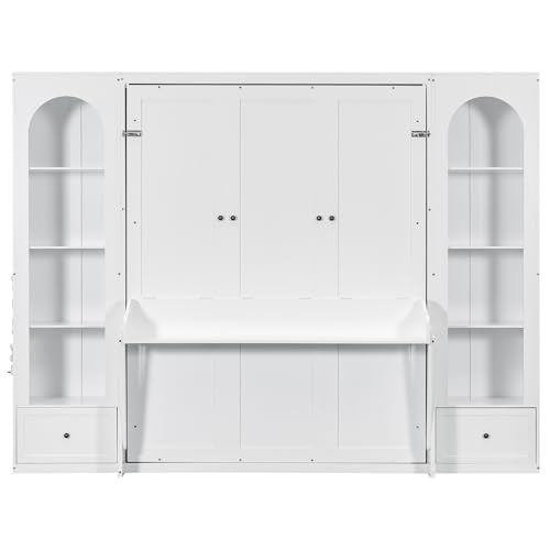 GDFStudio Queen Size Murphy Bed Frame with Shelves, Side Cabinets, Drawers & LED Lights, French Style Wall Bed with Desk, Solid Pine Wood & MDF Space-Saving Furniture, White GDFStudio