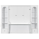 GDFStudio Queen Size Murphy Bed Frame with Shelves, Side Cabinets, Drawers & LED Lights, French Style Wall Bed with Desk, Solid Pine Wood & MDF Space-Saving Furniture, White GDFStudio