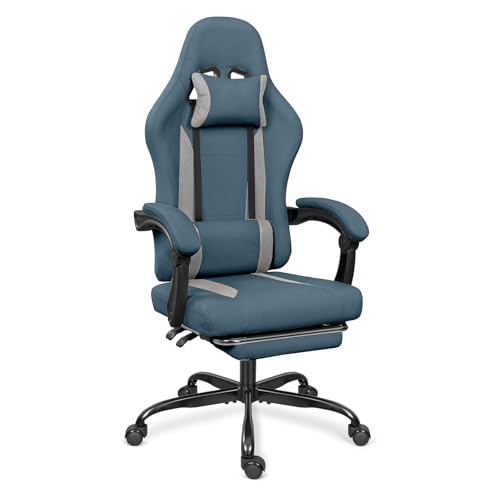 ErgoDesign Breathable Fabric Gaming Chair with Footrest, Height Adjustable Game Chair, Video Gaming Chair for Gaming Room, Living Room and Office - Blue/Light Grey ErgoDesign