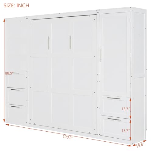 Quarte Modern Queen Size Murphy Bed with Closet, Drawers and Shelves, Cabinet Bed Folding Wall Bed for Guest Room, Office (White@1) Quarte