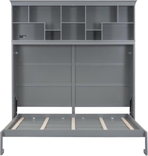 Queen Horizontal Murphy Bed Cabinet with Storage Bookcase Shelves and Charging Station,Wood Folding Grey Murphy Wall Bed for Adult (Grey) MERITLINE