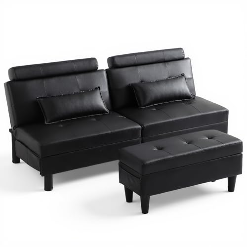 DRMBOOK Convertible Futon Sofa Bed Set with Storage Ottoman, Adjustable Recliner Sleeper Sofa Bed with Side Pocket, Comfy Futon Couch with Table for Living Room, Dorm, Office (Faux Leather, Black) DRMBOOK
