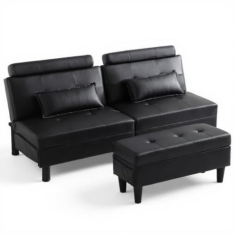 DRMBOOK Convertible Futon Sofa Bed Set with Storage Ottoman, Adjustable Recliner Sleeper Sofa Bed with Side Pocket, Comfy Futon Couch with Table for Living Room, Dorm, Office (Faux Leather, Black) DRMBOOK