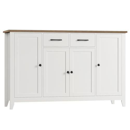 HORSTORS 55" Buffet Cabinet with Storage, Kitchen Buffet Sideboard with Drawers, Large Storage Cabinet with Doors and Shelves, Modern Farmhouse Coffee Bar for Kitchen, Dining Room, Living Room, White HORSTORS