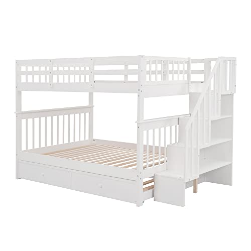 MERITLINE Wooden Bunk Bed Frame, Full Over Full Bunk Bed with Trundle, Bunk Beds with Stairs Full Size, Trundle Bunk Beds, Convertible Bunk Bed for Kids(White)