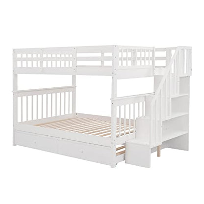 MERITLINE Wooden Bunk Bed Frame, Full Over Full Bunk Bed with Trundle, Bunk Beds with Stairs Full Size, Trundle Bunk Beds, Convertible Bunk Bed for Kids(White)