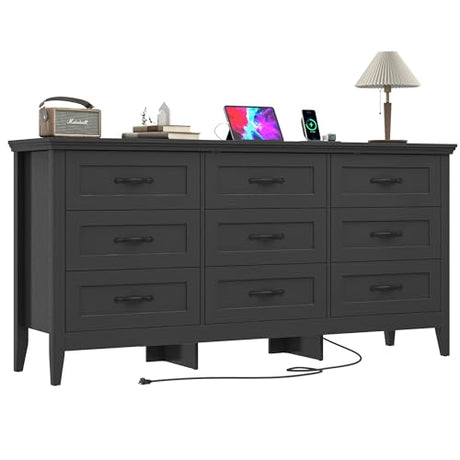 chartustriable Farmhouse 9 Drawers Dresser, Wood Dresser for Bedroom Wide Chest of Drawers, French Country Storage Double Dressers Organizer for Bedroom, Living Room, Nursery(Black) chartustriable