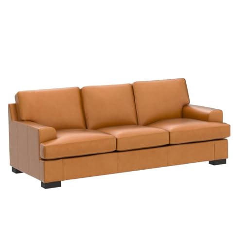 Naomi Home Siggy Genuine Leather Sofa - Luxurious Comfort, Goose Feather Cushion Filling, Square Arm Design, Sturdy Block Legs, Elegant Tan - Ideal for Living Room, Office, or Bedroom Naomi Home