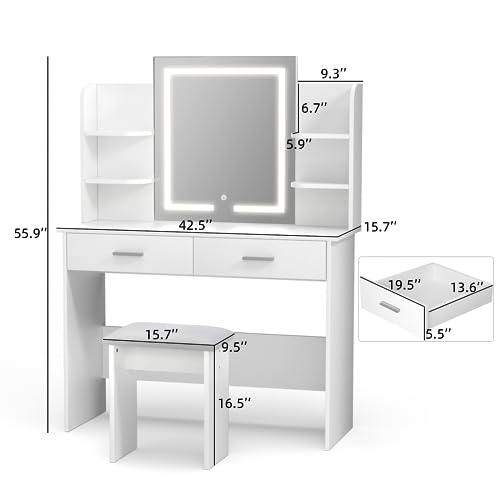 SMOOL Vanity Desk with Lighted Mirror - Makeup Vanity Table with 3 Color Light Options Adjustable Brightness, Vanity with 6 Storage Shelves, 2 Large Drawers, Vanity Set for Girls Women, White SMOOL