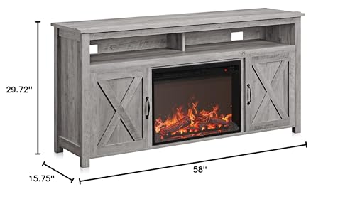 BELLEZE Barn Door Wood Electric Fireplace TV Stand for TVs up to 65 Inches Open Shelves and Cabinets Media Entertainment Center Console Table - Corin (Gray Wash)