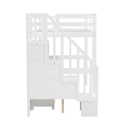 Harper & Bright Designs Twin Size Loft Bed with Stairs and Desks, Wood Loft Bed Frame with Storage Drawers, White Harper & Bright Designs