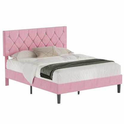 VECELO Queen Size Bed Frame, Upholstered Platform with Adjustable Diamond Tufted Headboard, Wood Slat Support, No Box Spring Needed, Pink