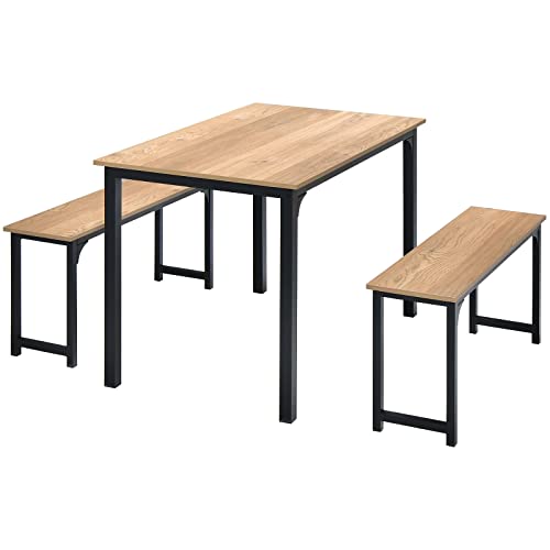 Giantex Dining Table Set for 4, Industrial Kitchen Table Set w/ 2 Benches, Space-Saving Dinette Set for Breakfast Nook, Dining Room, Kitchen, Easy Assembly (Natural) Giantex