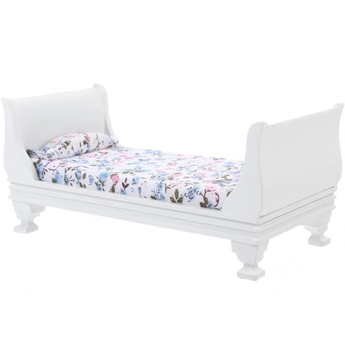 Gxsterd 1/12 Dollhouse Bed Miniature Single Bed Vintage Woode Mini Bed for for 6 inch Dolls Dollhouse Bedroom Furniture with Bedding Fabric (White) Gxsterd