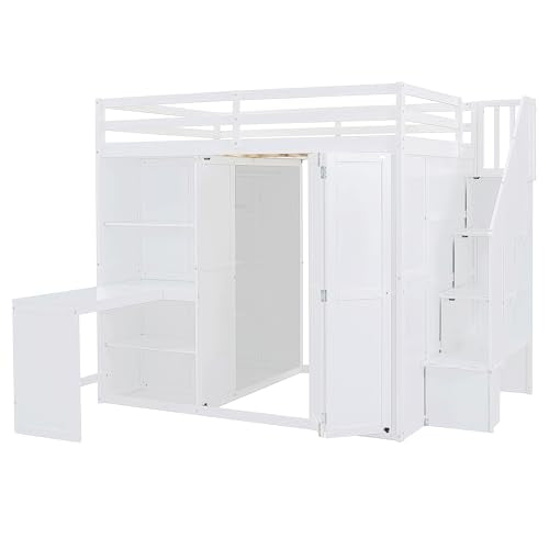 Harper & Bright Designs Full Size Loft Bed with Stairs and Desk, Wood Full Loft Bed with Wardrobe & Storage Shelves, Full Storage Bed for Kids Teens, White Harper & Bright Designs