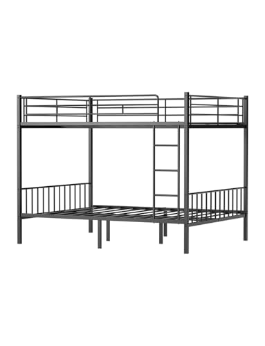 Miscoos Queen Over Queen Bunk Bed, Heavy-Duty Queen Bed Frame with Safety Full-Length Guardrails & Anti-Slip Ladder, Metal Bunk Bed for Teens Adults, Noise Reduced, Black