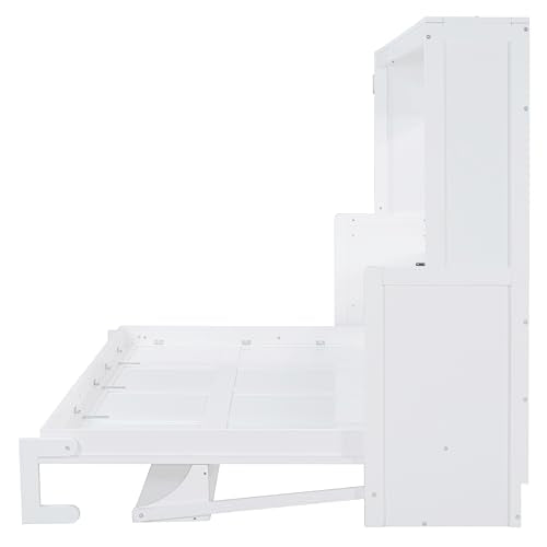 Queen Size Murphy Bed with Desk,Solid Wood Cabinet Wall Bed with Hydraulic Design,Space-Saving Folding Beds for Small Apartment Guest Room Home Office,No Box Spring Needed,White Harper & Bright Designs