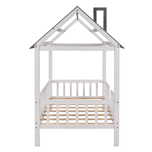 Merax Twin House Bed for Kids - Fun House-Shaped Platform Bed Frame with Roof, Windows, and Safety Rails in White and Grey - WoodArtSupply