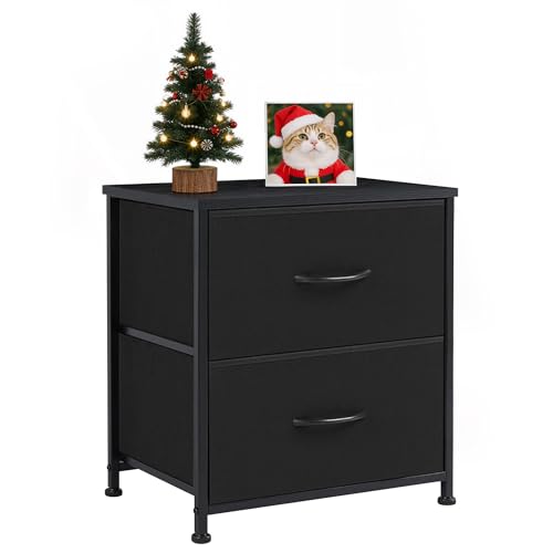Accver Nightstand, 2 Drawer Dresser Bedside Storage Furniture, Small Dresser with 2 Drawers, End Table with Fabric for Bedroom, Closet, Entryway, College Dorm, Black Accver