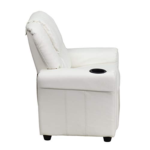 Flash Furniture Vana Vinyl Kids Recliner with Cup Holder, Headrest, and Safety Recline, Contemporary Reclining Chair for Kids, Supports up to 90 lbs., White