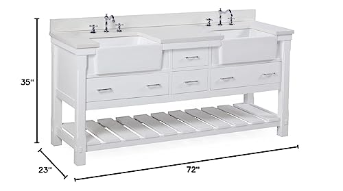 Charlotte 72-inch Double Farmhouse Bathroom Vanity: Includes White Cabinet with Quartz Countertop and White Ceramic Apron Sinks Kitchen Bath Collection