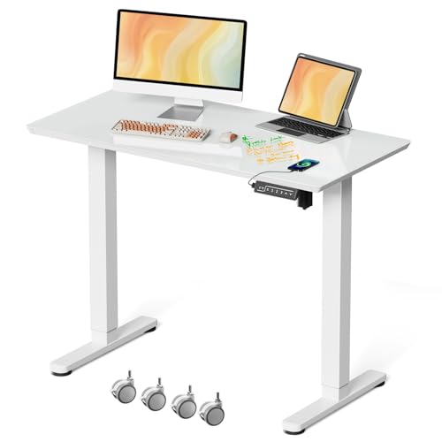 JOY worker Small Electric Standing Desk, 40" x 20" Whole Glass Piece Height Adjustable Desk with Memory Controller, White Sit to Stand Desk Workstation for Home Office JOY worker