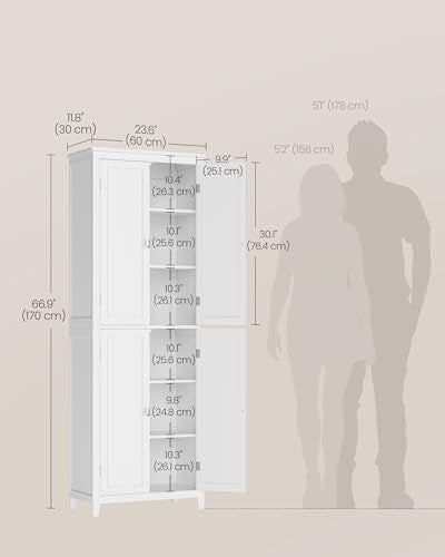 VASAGLE Floor Storage Cabinet, Freestanding Storage Unit with 4 Doors, Adjustable Shelves, 11.8 x 23.6 x 66.9 Inches, for Entryway, Bathroom, Cloud White UBBC550W01 VASAGLE