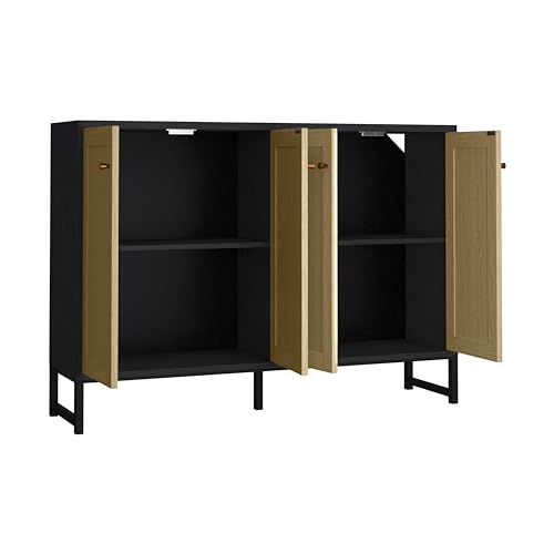 Panana Sideboard Accent Storage Cabinet with Rattan Decorated 4 Doors Dining Room Freestanding Kitchen Buffet Table Cupboard (Black) Panana